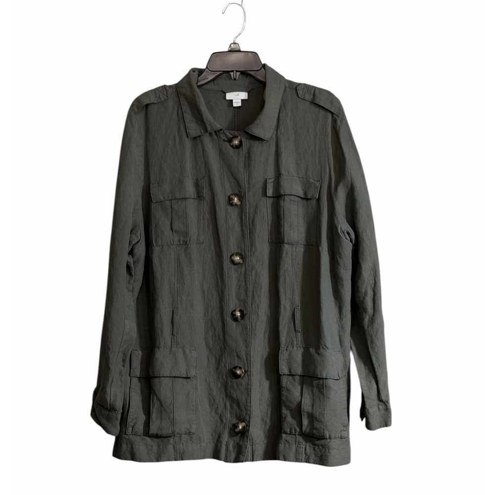 J Jill XL Utility Jacket Button Up Linen Blend Green Safari Military Lagenlook